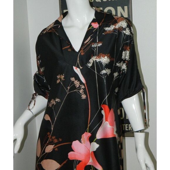 Jinny Jin Dress Black Vintage Flowers Mumu Tie Arms Size Medium - Picture 3 of 9